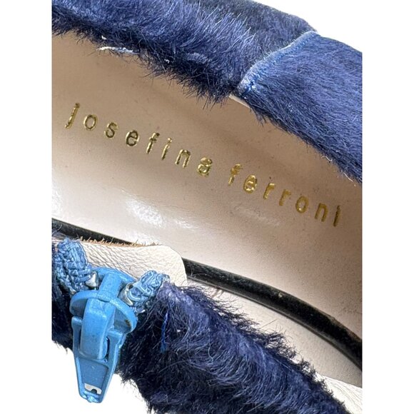 Josefina Ferroni Navy Blue Genuine Rabbit Fur Zip Flats - Picture 2 of 10